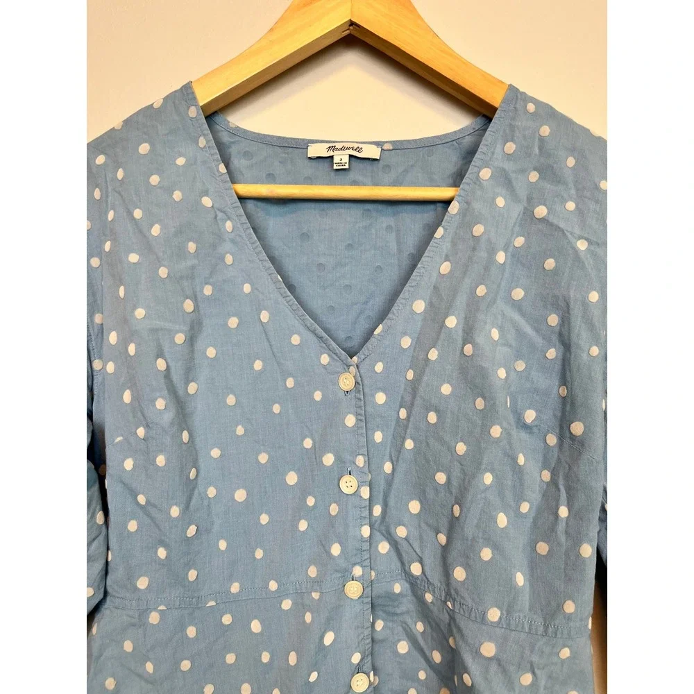 Madewell Blue Polka Dot Cotton Puff Sleeve Peplum Button Front Top L1607 Size 2